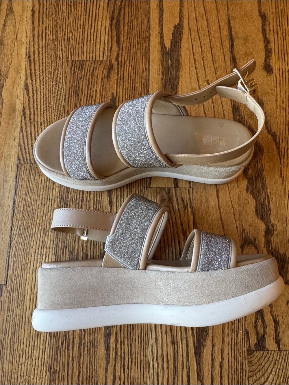 Michael Kors Presley Platform Sandal Tan Silver Glitter Sz 6